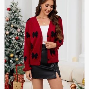 Elegant Red Cardigan with Black Bow Details